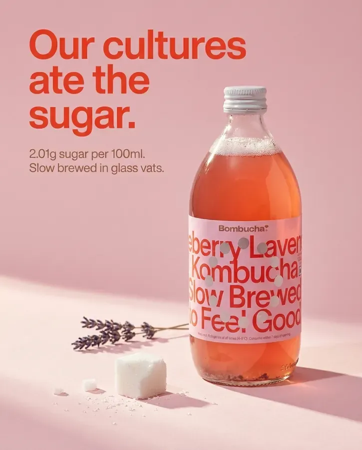 Ad for the kombucha: Our cultures ate the sugar.