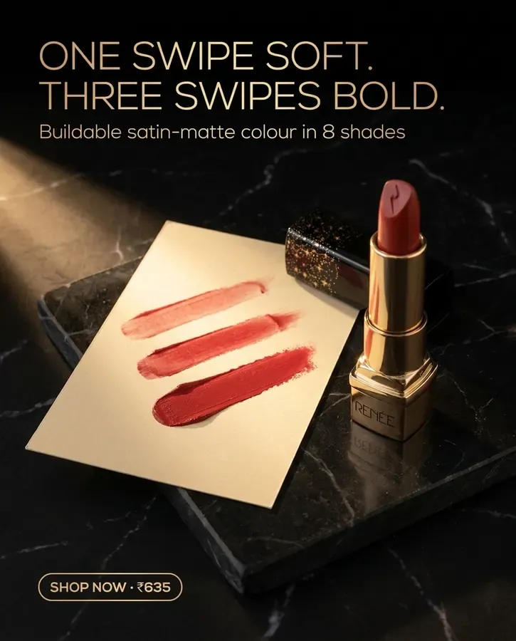 Renee lipstick ad: one swipe soft, three swipes bold