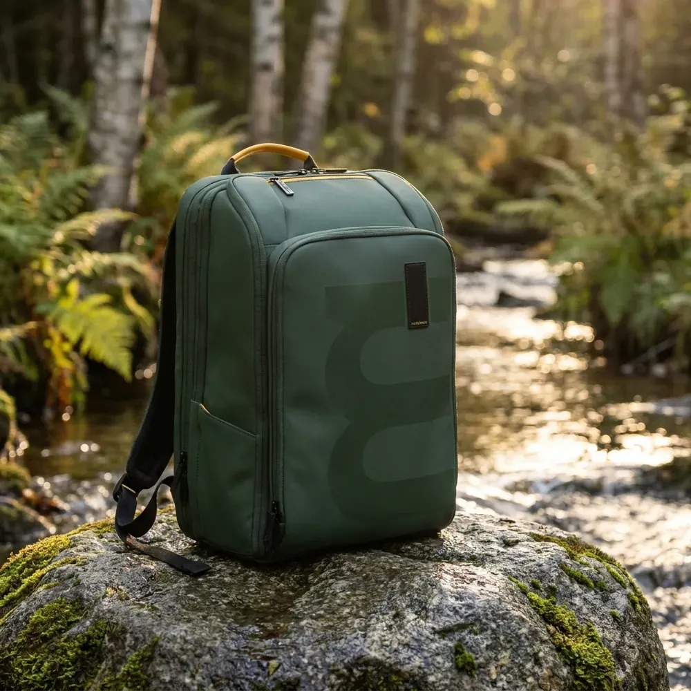 A backpack on a mossy rock