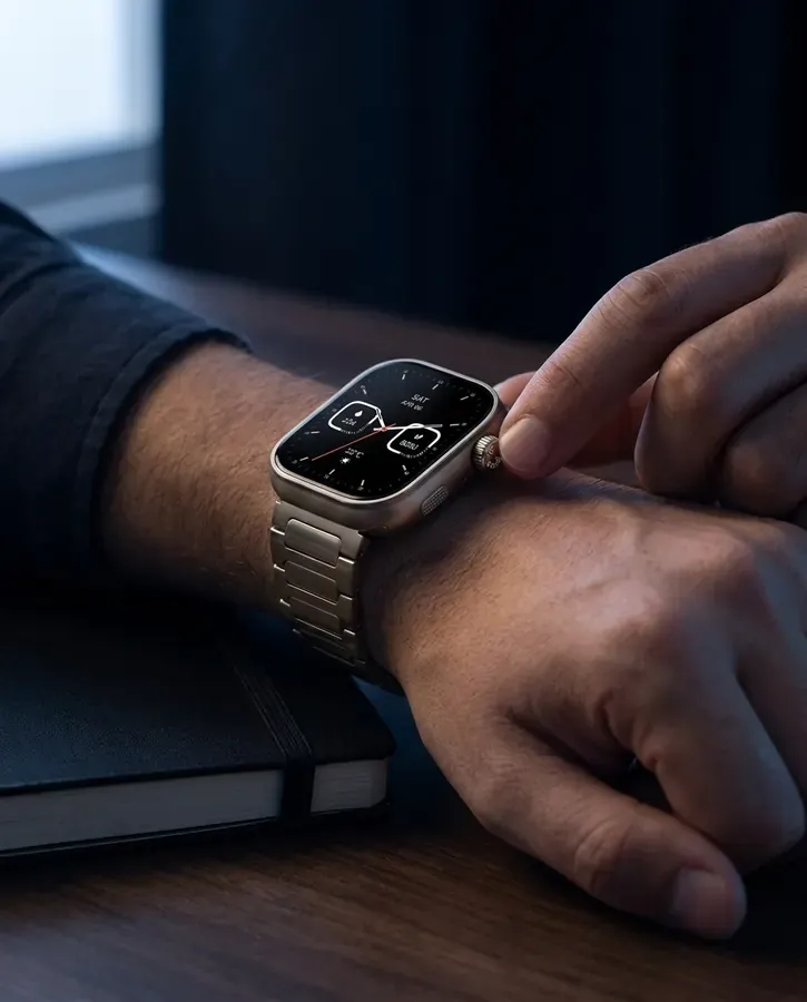 A hand adjusting the smartwatch on a wrist