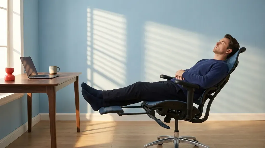 A man reclining in the chair by a window