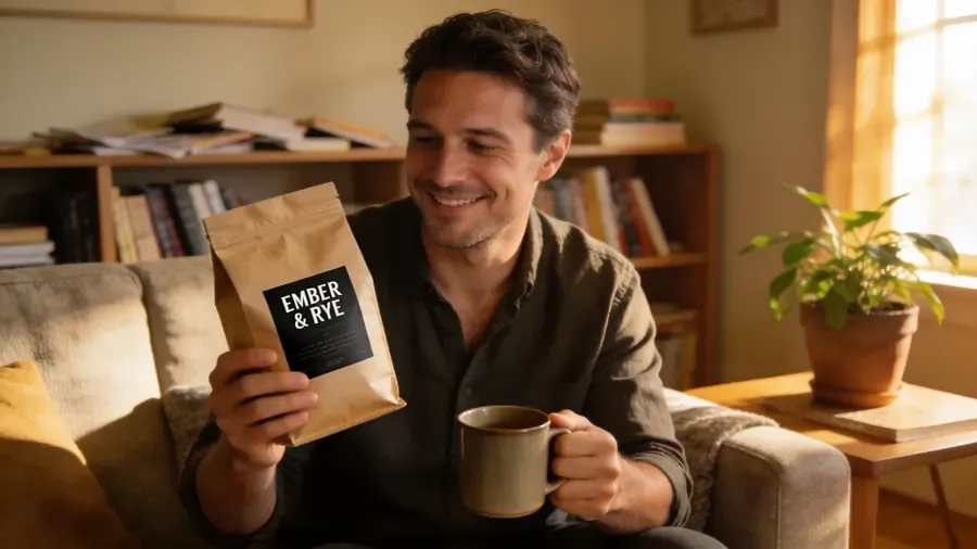 At home: a creator showing an Ember & Rye coffee bag