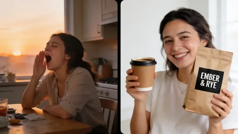 Before/after: a creator showing an Ember & Rye coffee bag
