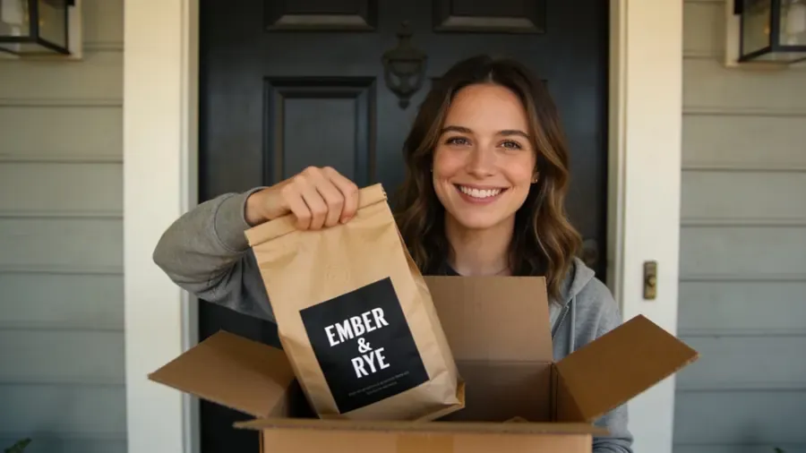 Delivery: a creator showing an Ember & Rye coffee bag