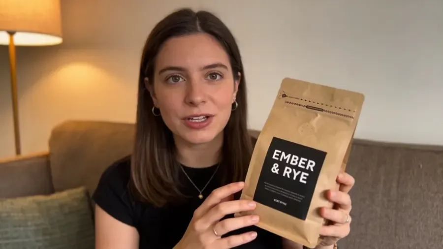Review: a creator showing an Ember & Rye coffee bag