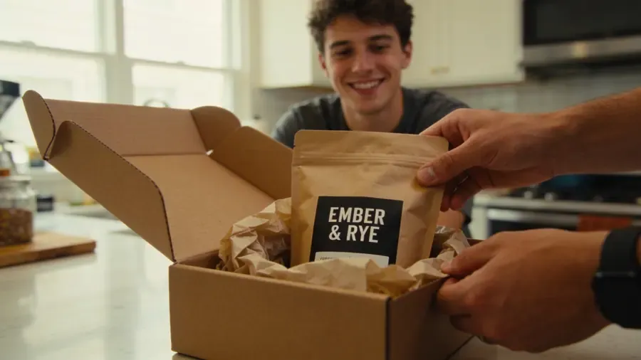 Unboxing: a creator showing an Ember & Rye coffee bag