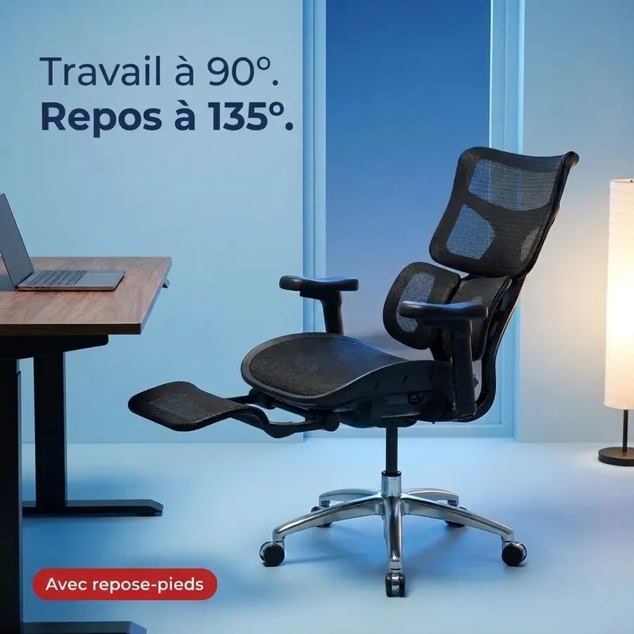 The chair ad in French: Travail à 90°. Repos à 135°.